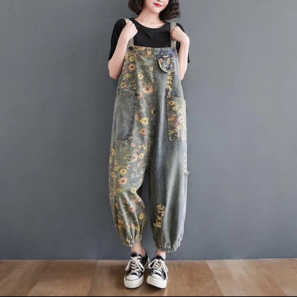 Women Print Floral Denim Overalls Casual Loose Size M Jumpsuit Wide Leg Pants - Picture 4 of 15
